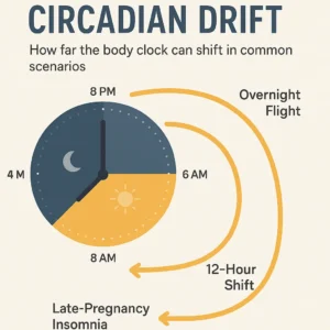 “Circadian Drift” infographic showing how far the body clock can shift during common scenarios—overnight flight, 12‑hour shift, late‑pregnancy insomnia.