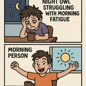 Cartoon of Night Owl Struggling With Morning Fatigue versus Happy Morning Person