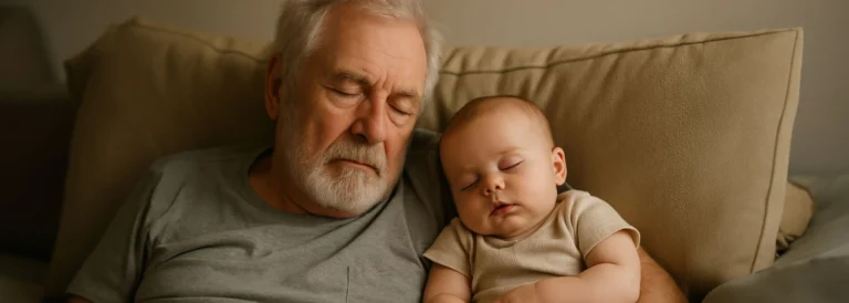 Elderly man and baby boy sleeping