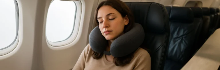 Young woman on airplane sleeping with the aid of travel pillow