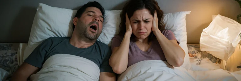 man snoring in bed beside woman covering her ears