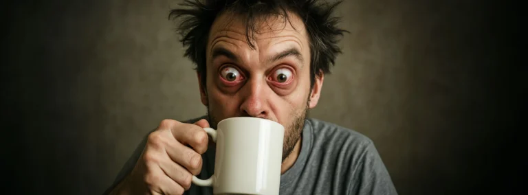 Sleep deprived man with bloodshot eyes drinking coffee trying to stay awake