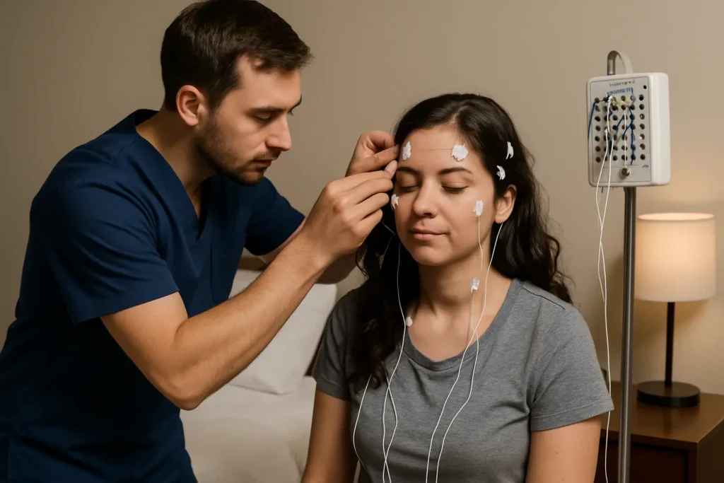 male technician applying sleep study equipment to woman in a sleep lab